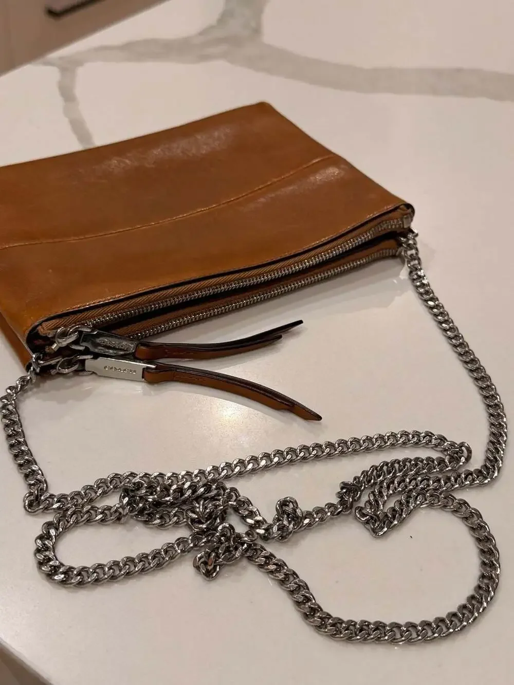 Coach Brown Leather Crossbody Bag Silver Chain